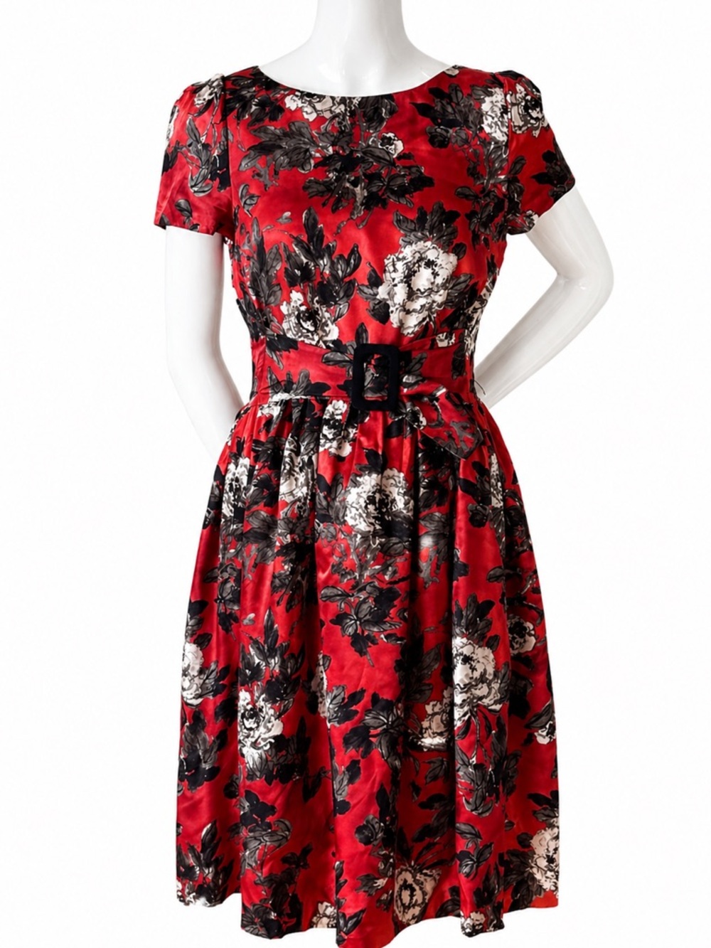 Moschino Red Floral Fit & Flare Dress Belted